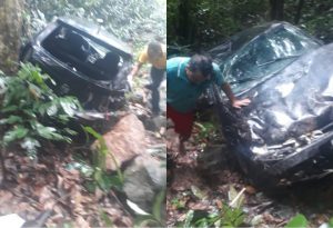 Carro fica danificado após acidente em serra entre Guaramiranga e Baturité, no Ceará. — Foto: Reprodução