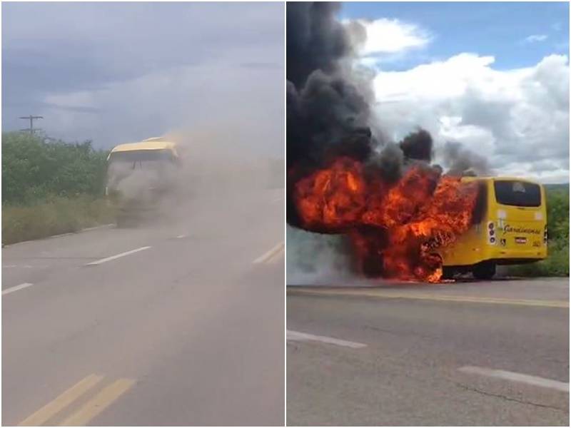 Incêndio destruiu ônibus da Jardinense na entrada de Japi, no interior do RN - Foto: Reprodução