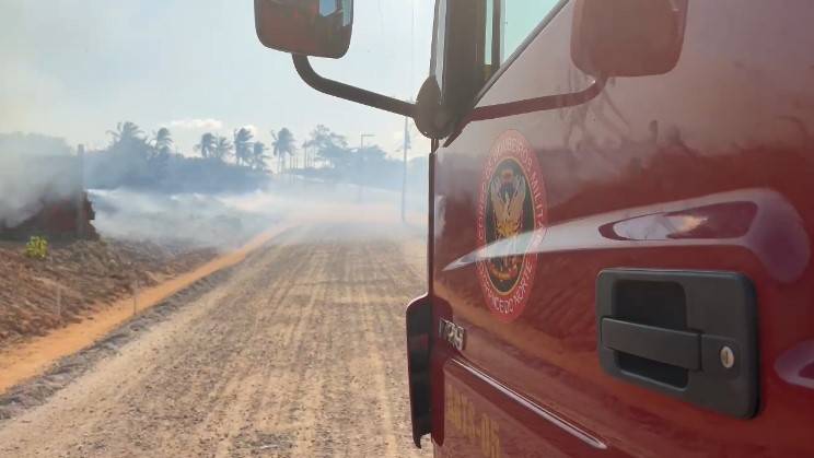 No local, os bombeiros precisaram criar acessos para chegar ao foco do incêndio, que ameaçava residências próximas. Foto: CBMRN