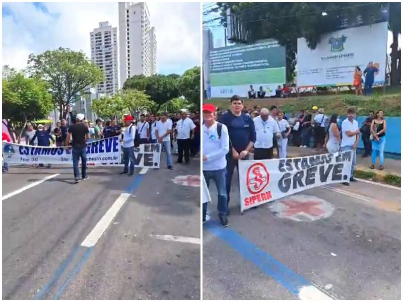 Trabalhadores terceirizados em protesto na porta do Walfredo Gurgel, nesta terça-feira (28) - Foto: Reprodução