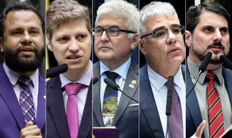 Henrique Vieira (PSOL-RJ), Van Hattem (Novo-RS), Marcos Pontes (PL-SP), Eduardo Girão (Novo-CE) e Marcos do Val (Podemos-ES) — Foto: Mário Agra/Agência Câmara, Luis Macedo/Câmara dos Deputados, Waldemir Barreto/Agência Senado, Pedro França e Waldemir Barreto/Agência Senado