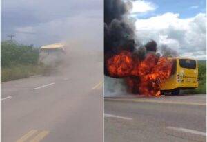 Incêndio destruiu ônibus da Jardinense na entrada de Japi, no interior do RN - Foto: Reprodução