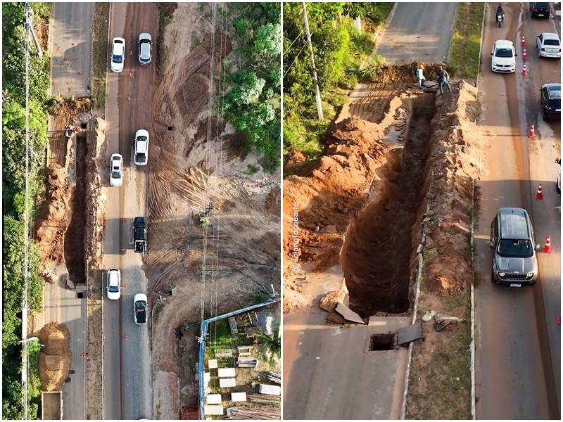 Cratera se abriu nesta quinta-feira (6) na Avenida Olavo Montenegro, na Coophab - 