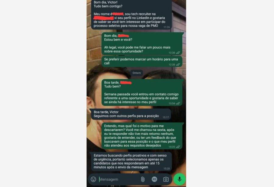 Profissional perde vaga em seleção por não responder mensagem de WhatsApp em 15 minutos - Foto: Reprodução